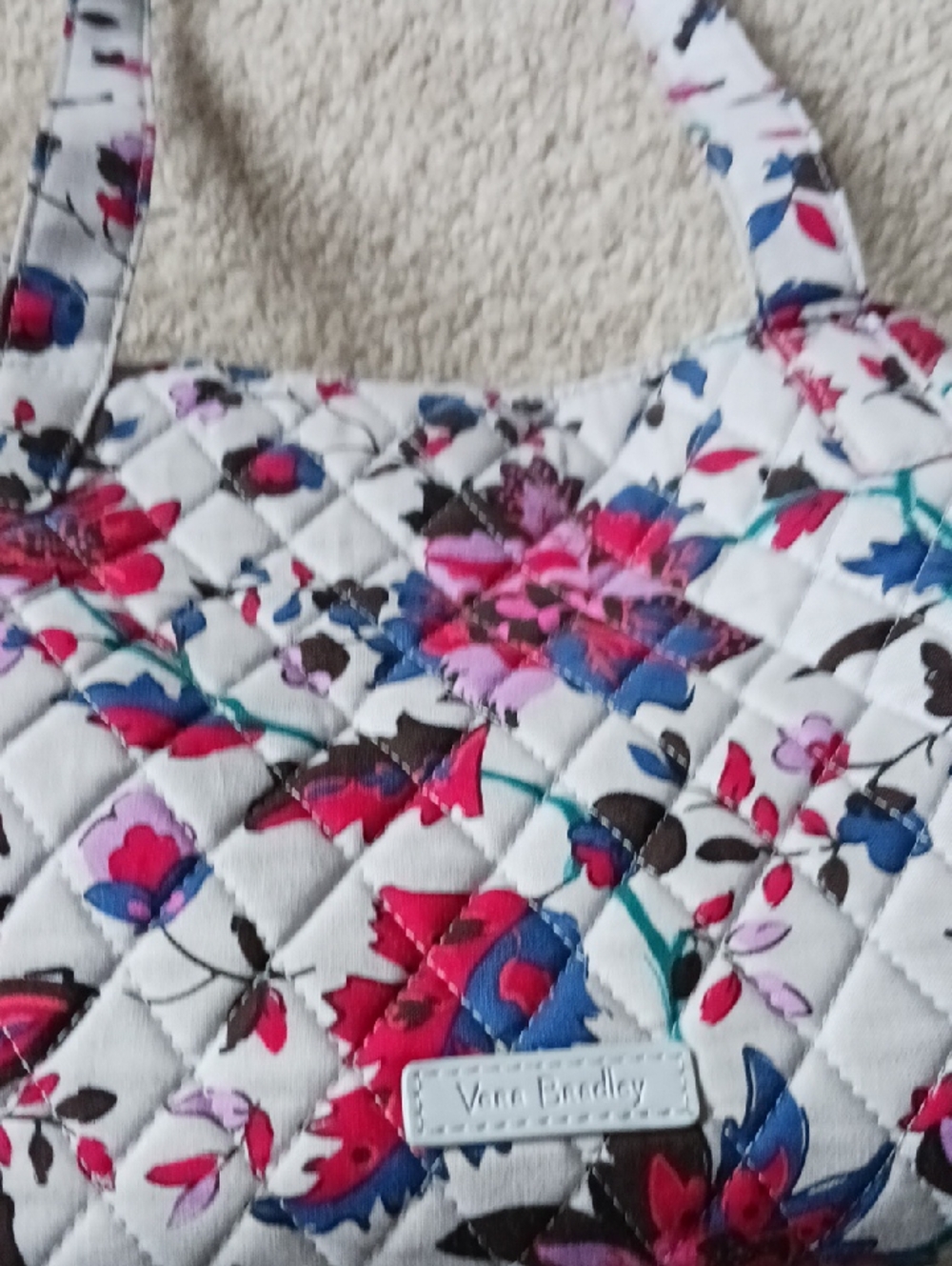 Vera Bradley White Quilted Floral Tote with Pink, Blue and Brown Accents